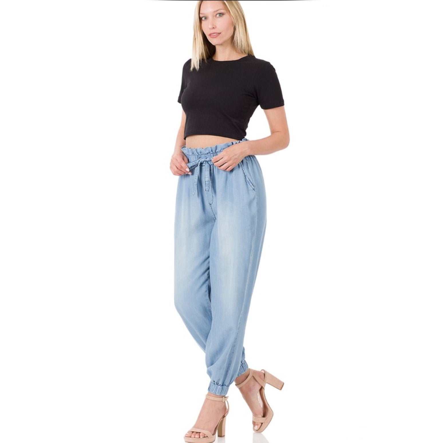 Chambray Drawstring Paper Bag Waist Jogger Pants Sugarcane Market Boutique Gifts